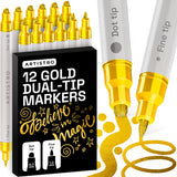 ARTISTRO 12 Gold Precision Dual-Tip Acrylic Paint Markers - Paint Pens Set with Dot & Fine Tips for Fabric, Rock, Glass, Wood, C