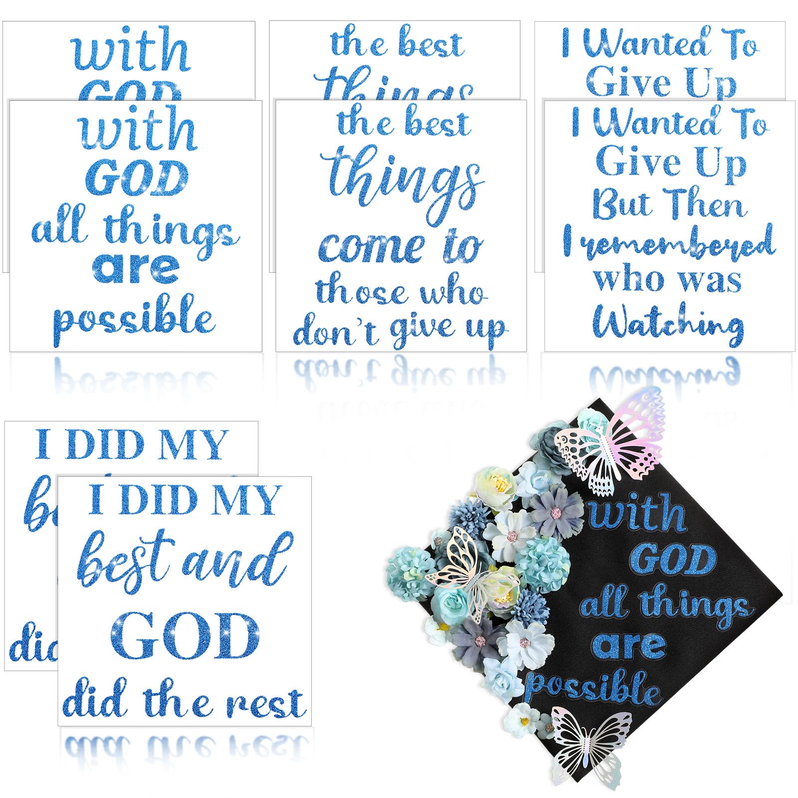 MotiMind 8 Pcs Glitter Graduation Cap Topper Stickers 2025 Grad Cap Decorations Glitter Stickers DIY Kit Self Adhesive Saying St