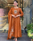 Gosriki Women'S Rayon Viscose Anarkali Embroidered Kurta With Pant & Dupatta (Kesriya Rust-Vks01-Gs_S_Rust_Small),Rust,,B0F7HHLY4S