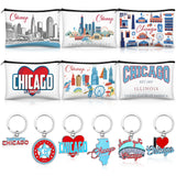 Landical 6 Sets Chicago Souvenir Gifts Include 6 Pcs Chicago Cosmetic Bag and 6 Pcs Metal Keychain for Women Traveler Christmas 
