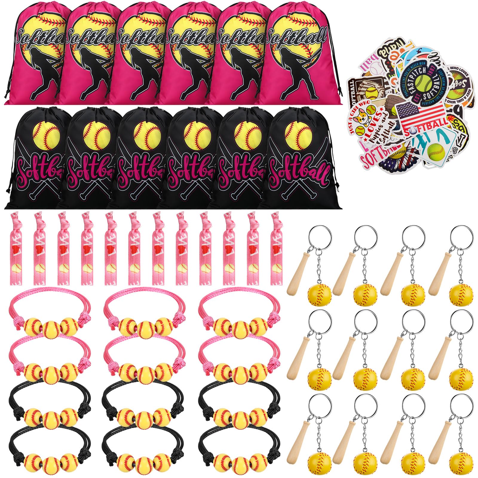 Jenaai 148 Pcs Softball Party Favors Include Drawstring Bags Charm Bracelets Keychain Hair Ties and Stickers, Softball Theme Gif