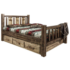 Montana Woodworks Homestead Collection Californai King Storage Bed With Laser Engraved Bronc Design, Stain & Clear Lacquer Finis