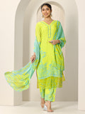 Libas Womens Printed Cotton Straight Kurta With Trousers And Dupatta Green L 99059
