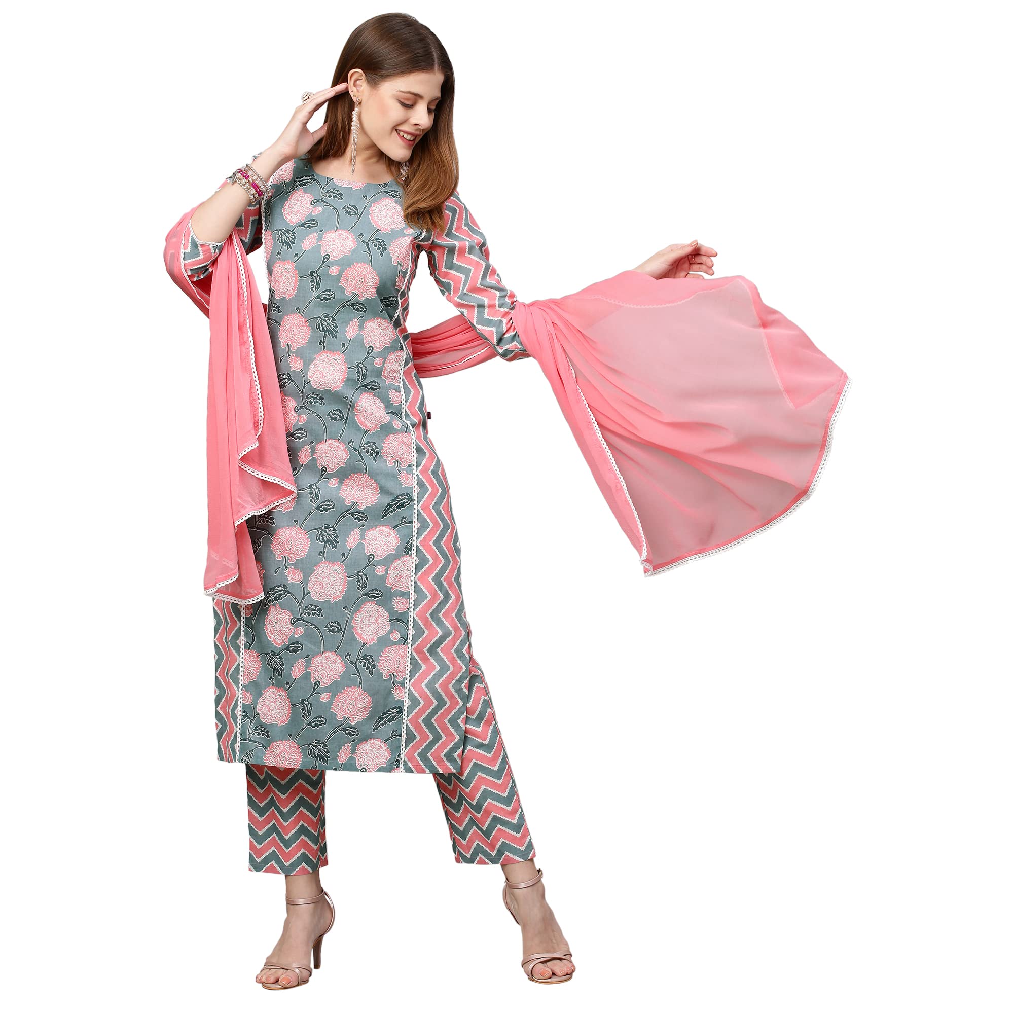 Anni Designer Women'S Cotton Blend Printed Straight Kurta With Pant & Dupatta (Rinki) (Medium) Grey,Grey,M