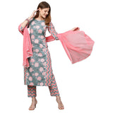 Anni Designer Women'S Cotton Blend Printed Straight Kurta With Pant & Dupatta (Rinki) (Medium) Grey,Grey,M