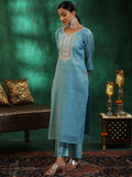 Libas Womens Yoke Design Silk Blend Straight Kurta With Trousers And Dupatta Turquoise Blue L