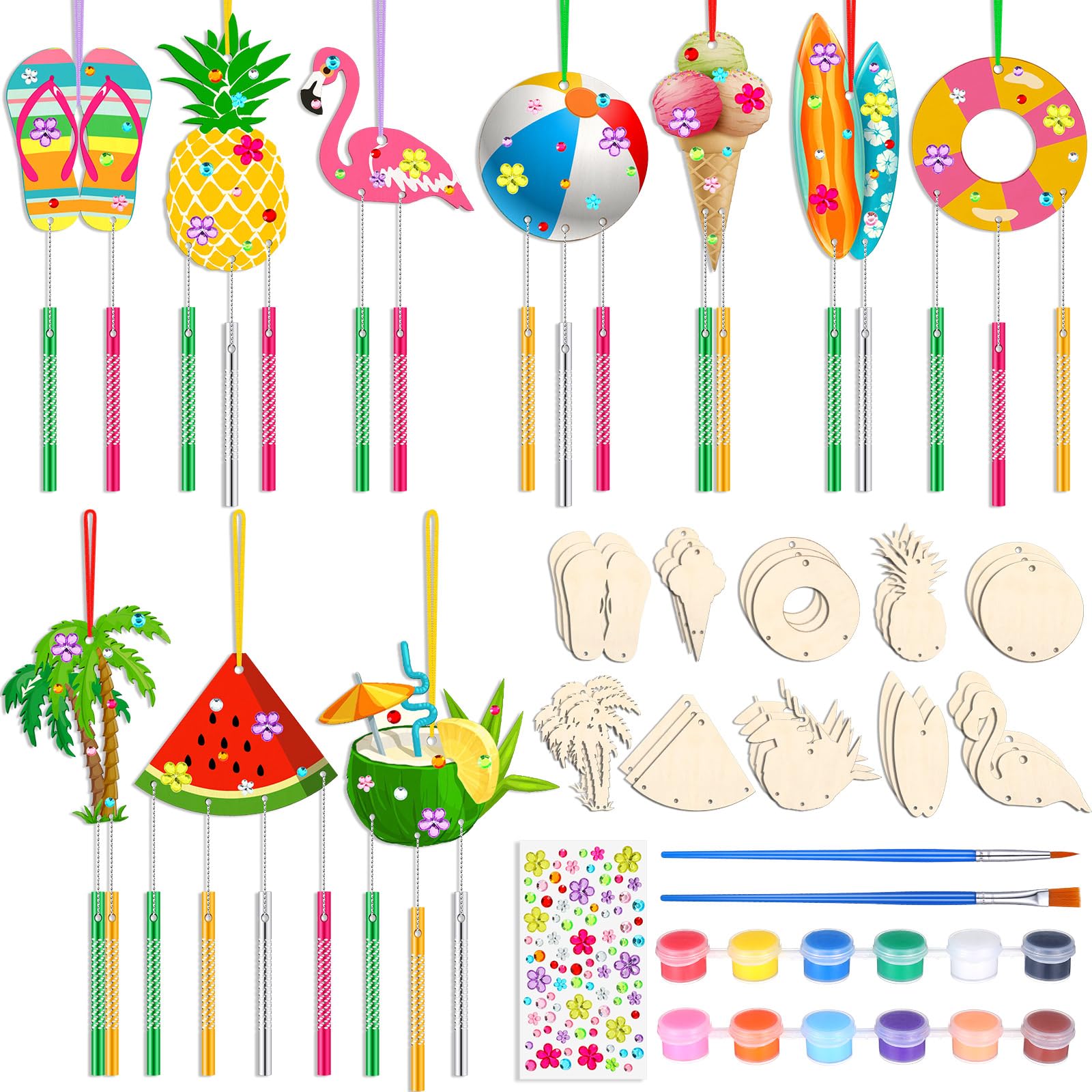 JellyArch 30 Pack Summer Wind Chime Making Kit for Adults Make Your Own Summer Wind Chime Beach Wooden Ornaments for DIY Crafts 