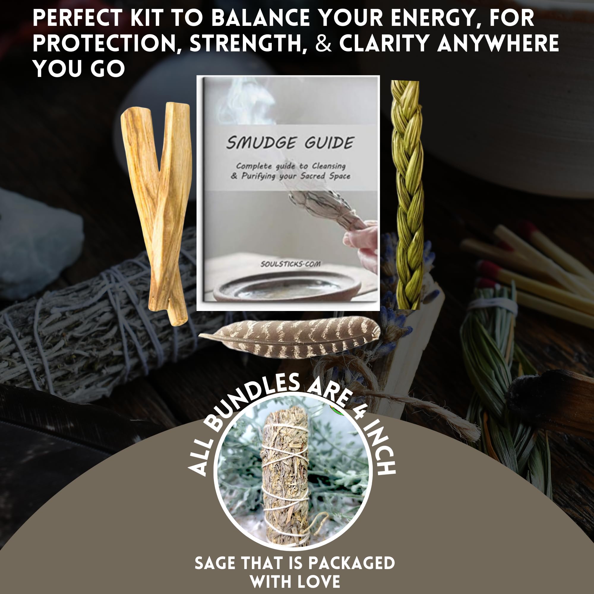 Ancient VEDA Sage Smudge Kit | USDA Organic Blue Sage, Sweetgrass, & Palo Santo Sticks Smudging Kit for Meditation, Yoga, Reiki,