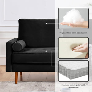 American Furniture Classics Black 69 Inch Wide Upholstered Two Cushion Sofa With Bolster Pillows Velvet, 69' X 32' X 37'