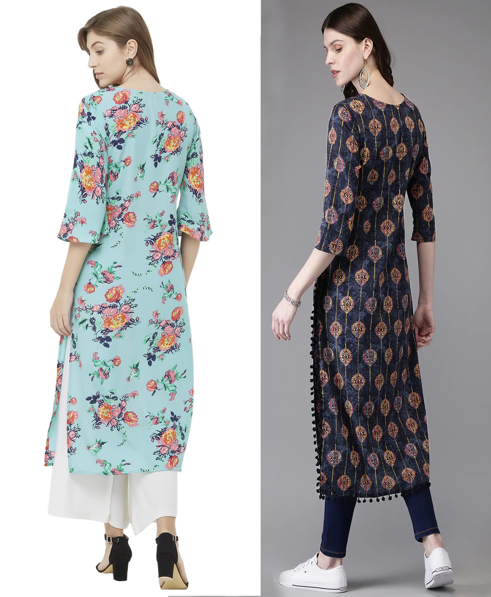Anni Designer Women'S Crepe Straight Printed Kurta Pack Of 2 (Paga Combo_016_M_Multi & Dark Blue_Medium),Multi & Dark Blue,M,Crepe,Straight,kurta
