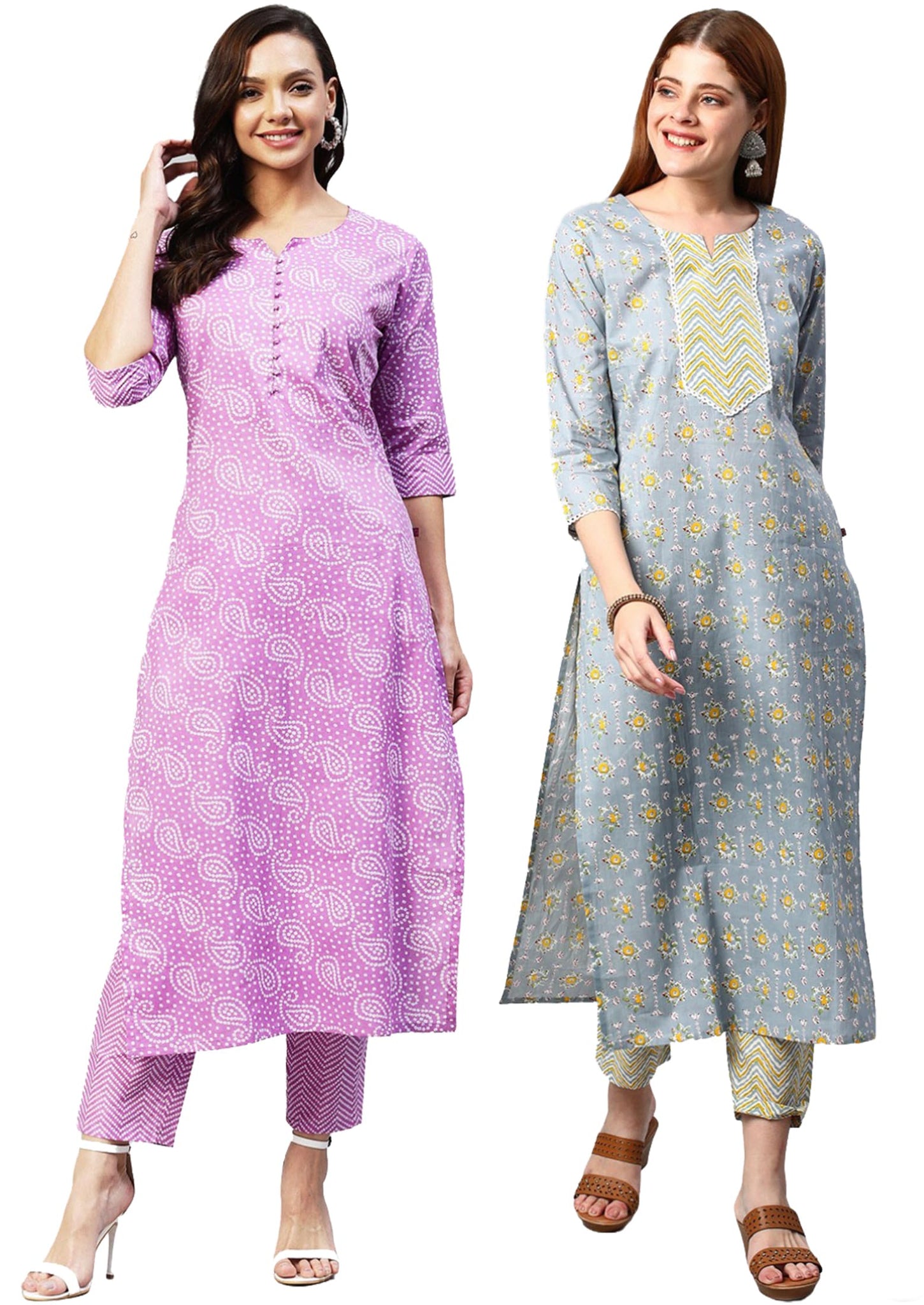 Anni Designer Women'S Cotton Blend Printed Straight Kurta With Pant Pack Of 2 (Combo-Wamurti-Mikaa_Multicolor_X-Large),Multicolour,XL