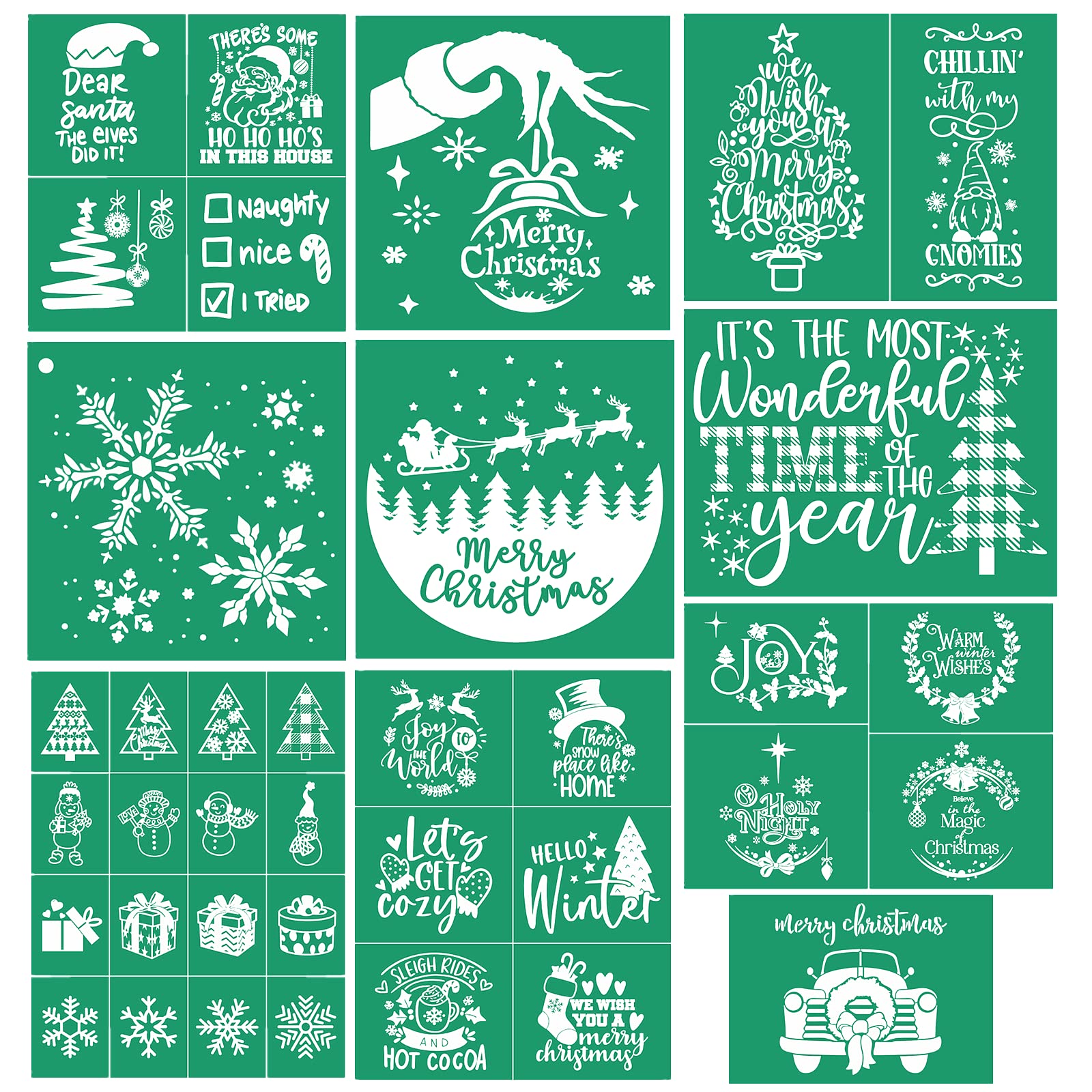 JAJADO Christmas Theme Silk Screen Stencils 10 Pcs, Xmas Winter Holiday Chalk Mesh Transfers Mesh Stencil Reusable Self-Adhesive