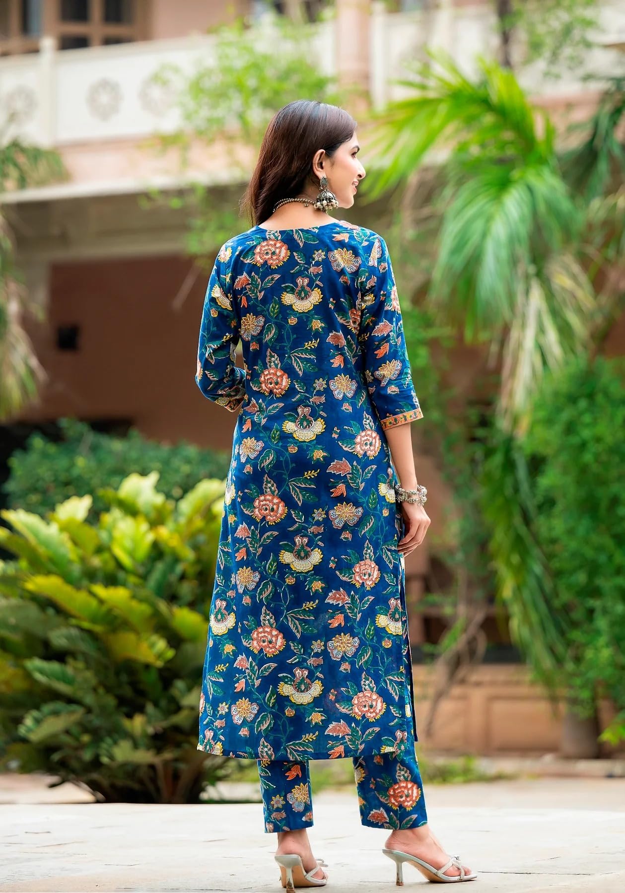 Anni Designer Women'S Cotton Blend Straight Printed Kurta With Pant & Dupatta (Jdp Blue-Nw_Xl_Blue_X-Large),Blue,XL,Cotton Blend,Regular,