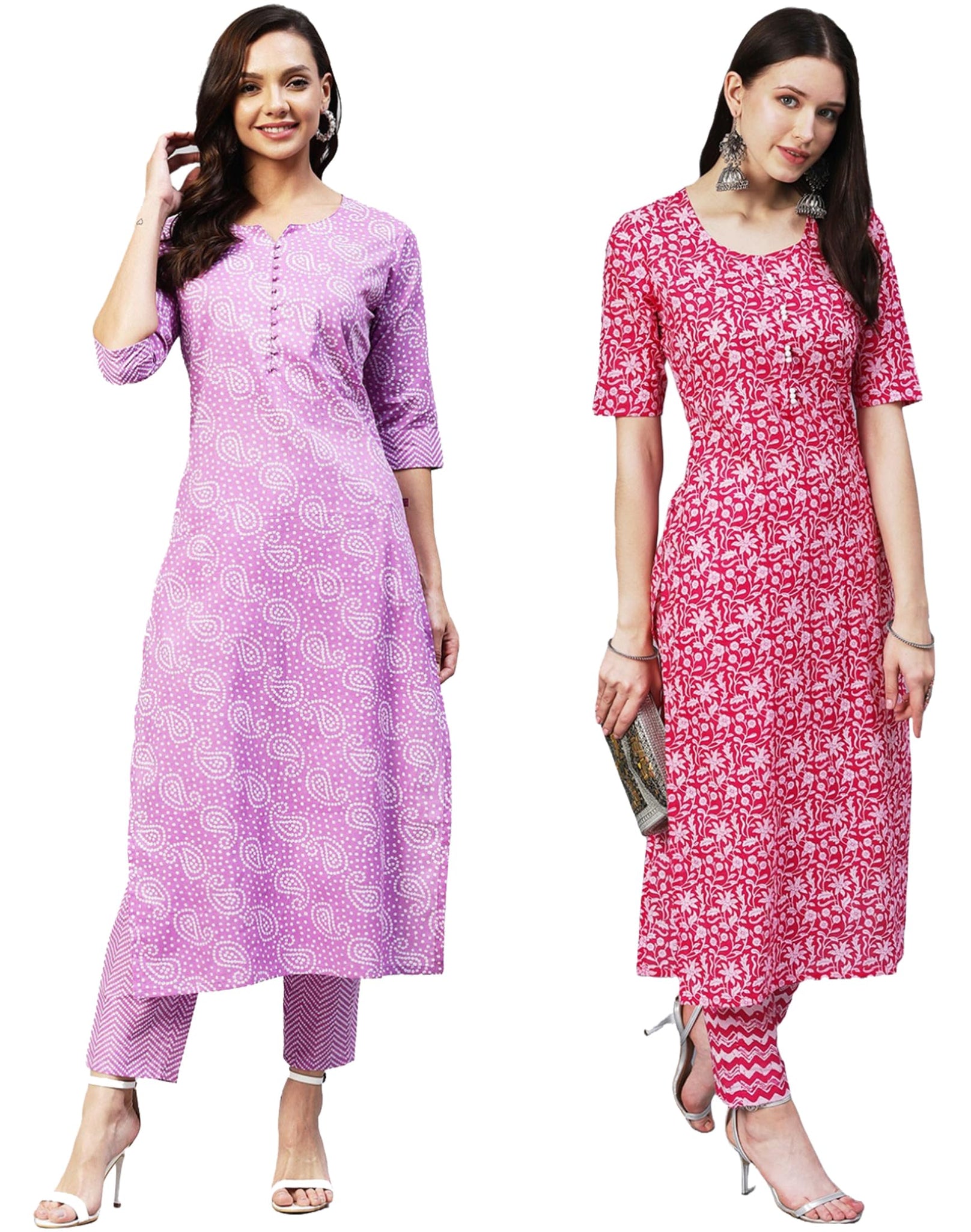 Anni Designer Women'S Cotton Blend Printed Straight Kurta With Pant Pack Of 2 (Combo-Wamurti-Azrak_Multicolor_X-Large),Multicolour,XL