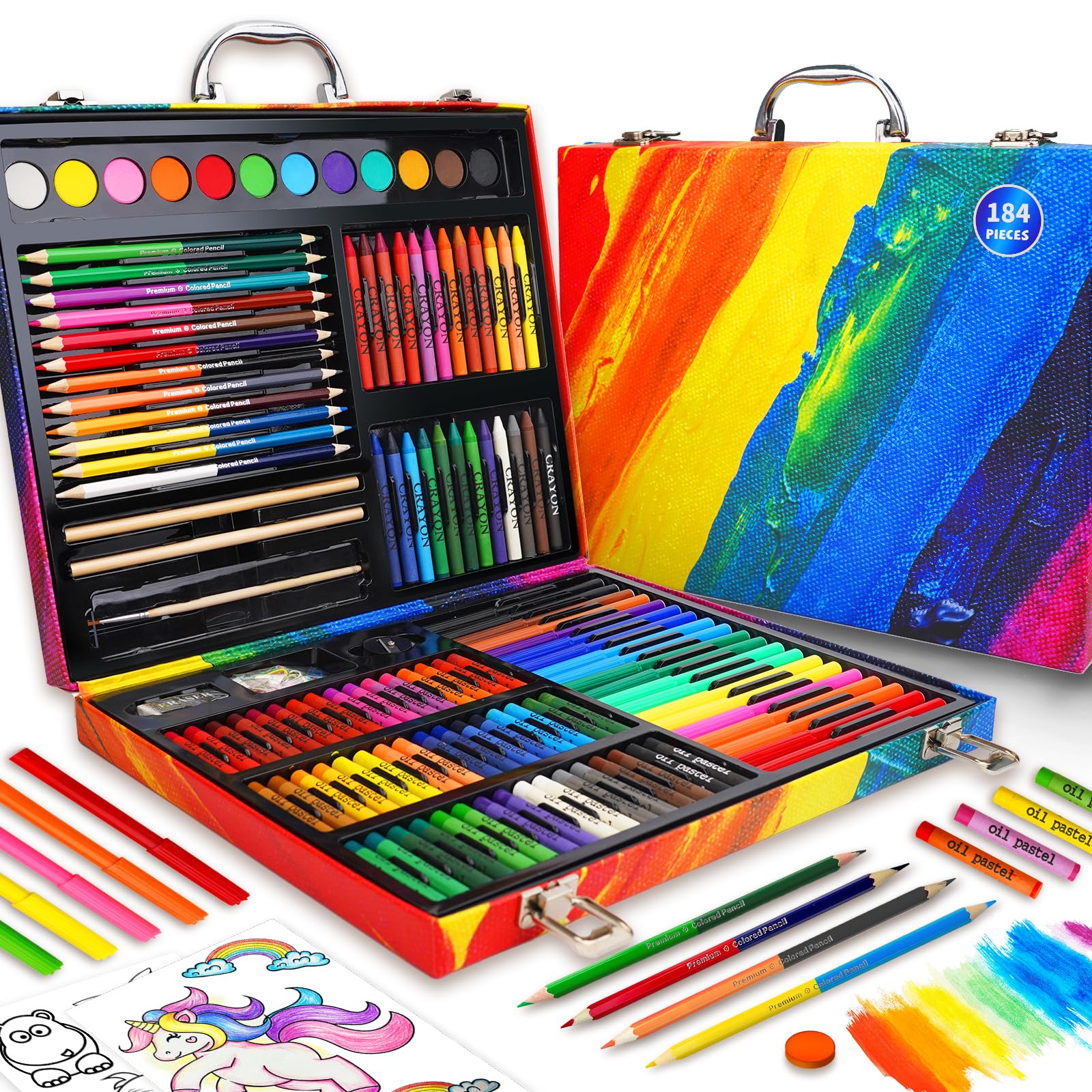 Okiki Art Supplies Kit for Kids Ages 5-12, 184-Pack Art Case Coloring Set, Drawing Kits with Gifts Box, Arts Set for Kids Girls 
