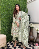 Anni Designer Women'S Rayon Blend Straight Printed Kurta With Pant & Dupatta (Fuldani Green_Xxl_Green_Xx-Large),Green,2XL,,,