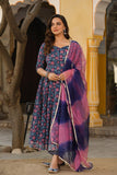 Gosriki Women'S Cotton Blend Anarkali Printed Kurta With Pant & Dupatta (Sakura Blue-Gs_S_Blue_Small),Blue,,B0CRZ81JPF