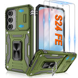 ATUMP for Samsung Galaxy S24 FE Case with [2 Pack] HD Screen Protector & Slide Camera Cover, 360 Rotation Ring Kickstand [Milita