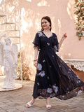Smowkly Women'S Georgette Floral Printed Indo-Western Ethnic Gown || Half Sleeve V Neck Fit & Flare Flared Hem Design || Casual Wear A-Line Maxi Dress 1325_Nbl_L Navy Blue