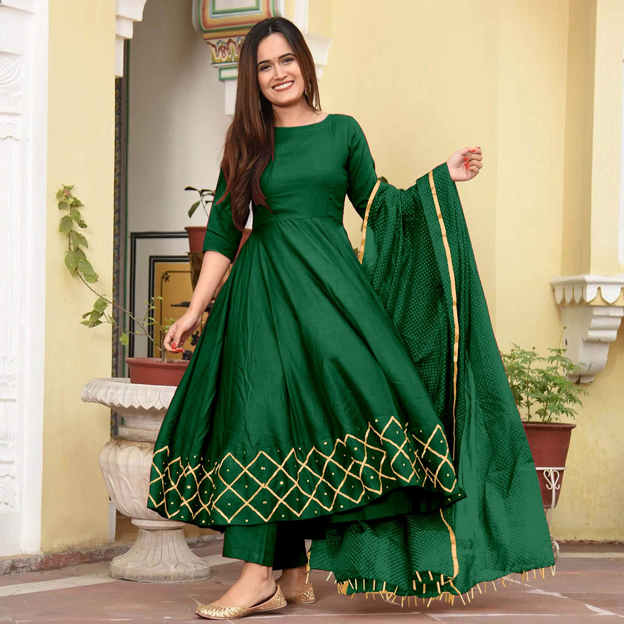 Anni Designer Women'S Rayon Anarkali Gold Printed Kurta And Dupatta Set (Kumt; Green; Large),Green,L,Rayon,Anarkali,Dupatta