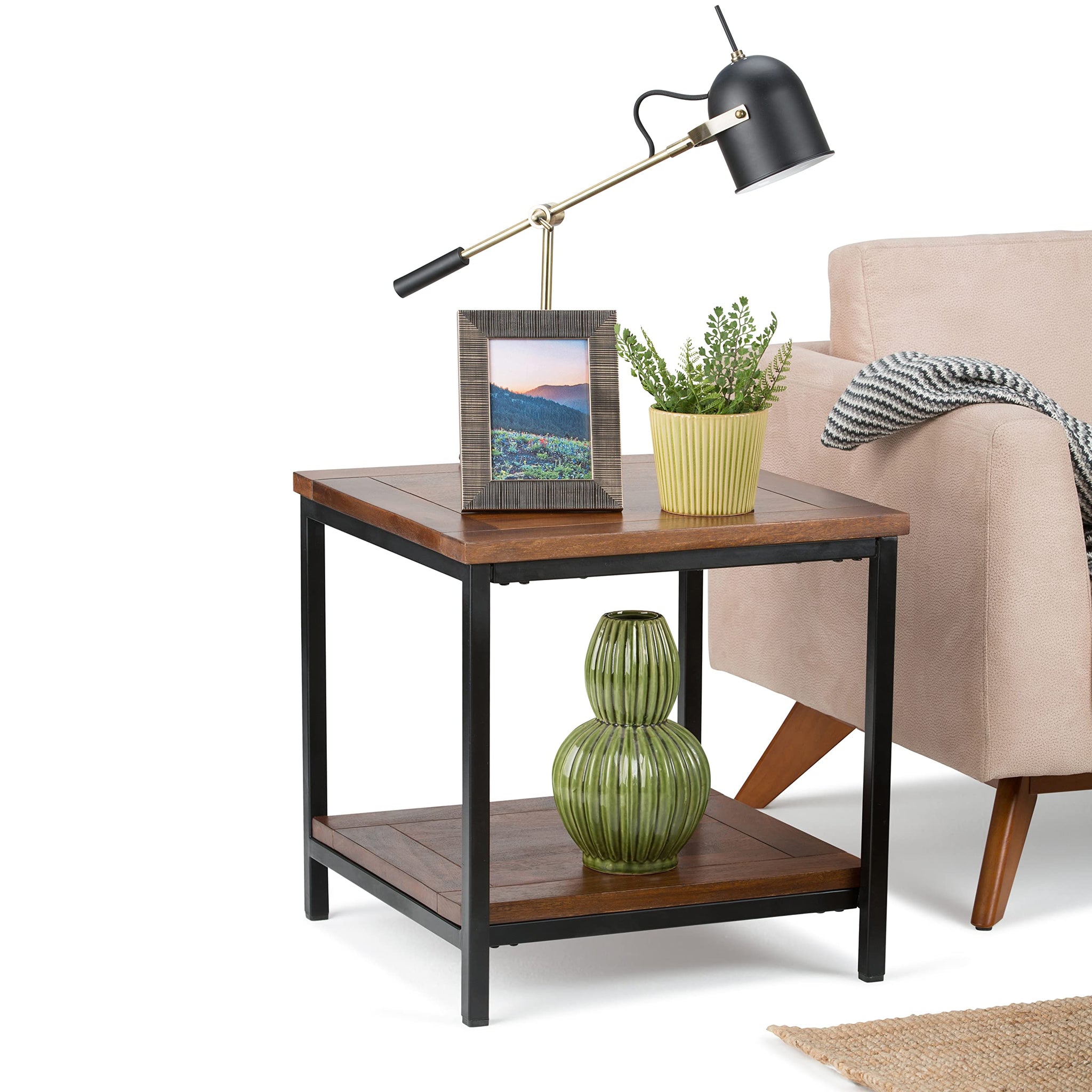 Simplihome Skyler Solid Mango Wood And Metal 22 Inch Wide Square End Table Industrial End Side Table In Dark Cognac Brown With S