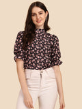 Wedani Women'S Casual Puff Sleeves Ruffled Collor Foral Top (X-Large Black),Black,XL,Rayon,Regular,