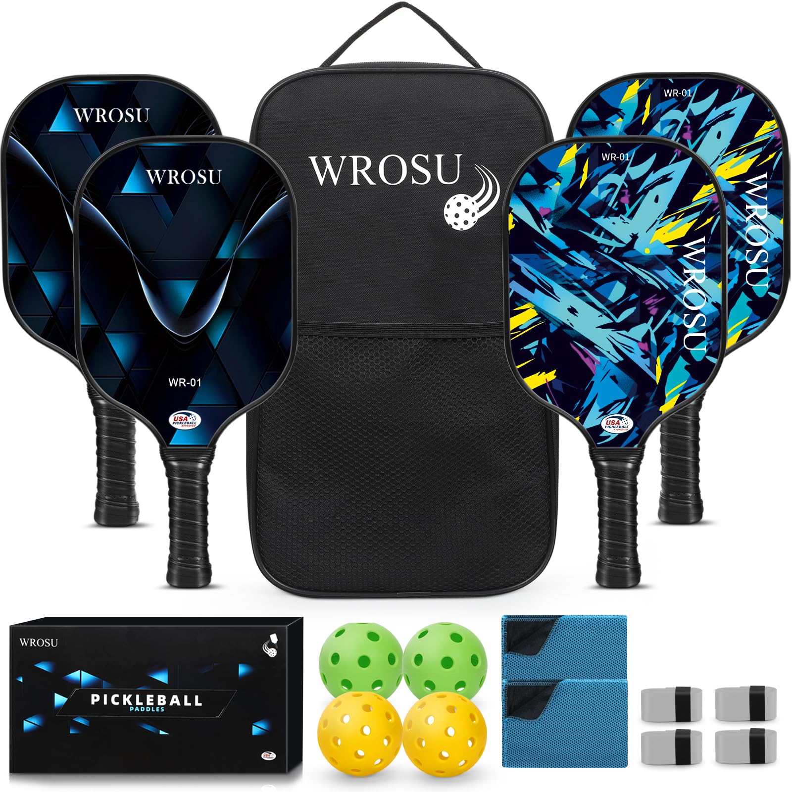 WROSU Pickleball Paddles Set of 4 Carbon Fiber | 2024 USAPA Approved Equipment W/Accessories | Core Carbon Fiber Pickleball Racq