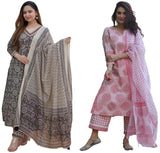 Anni Designer Women'S Cotton Blend Printed Straight Kurta With Pant & Dupatta Pack Of 2 (Combo-Nihira Cream-Chhapa-Pink_M_Multi_Medium),Multicolour,M