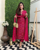 Gosriki Women'S Rayon Blend Straight Printed Kurta With Pant & Dupatta (Turae Rani-Vks01-Gs_L_Pink_Large),Pink,,B0DCK63J16