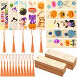 Frienda 100 Pcs Color Your Own Halloween Wooden Bookmarks Crafts DIY Coloring Blank Bookmarks with Tassels Bulk for Halloween Cr