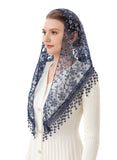 PAMOR Triangle Lace Veil Mantilla Cathedral Head Covering Chapel Veil for Mass Wedding Bridesmaids (Navy Blue)