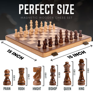15 Inch Magnetic Wooden Chess Set for Adults & Kids - Folding Travel Chess Board with Handcrafted Staunton Pieces, Extra Queens,