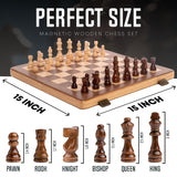 15 Inch Magnetic Wooden Chess Set for Adults & Kids - Folding Travel Chess Board with Handcrafted Staunton Pieces, Extra Queens,