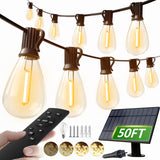 luckystyle 50FT Solar String Lights Outdoor Waterproof 2200K with Remote & USB Charging, 18+1 LED Shatterproof Bulbs, Dimmable &