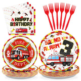 96Pcs Fire Truck 3rd Birthday Decorations Firefighter 3rd Birthday Plates and Napkins Tableware Sets Sound the Alarm Party Decor