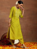 Libas Gerua Womens Embroidered Silk Blend Straight Kurta With Salwar Lime Green Xl