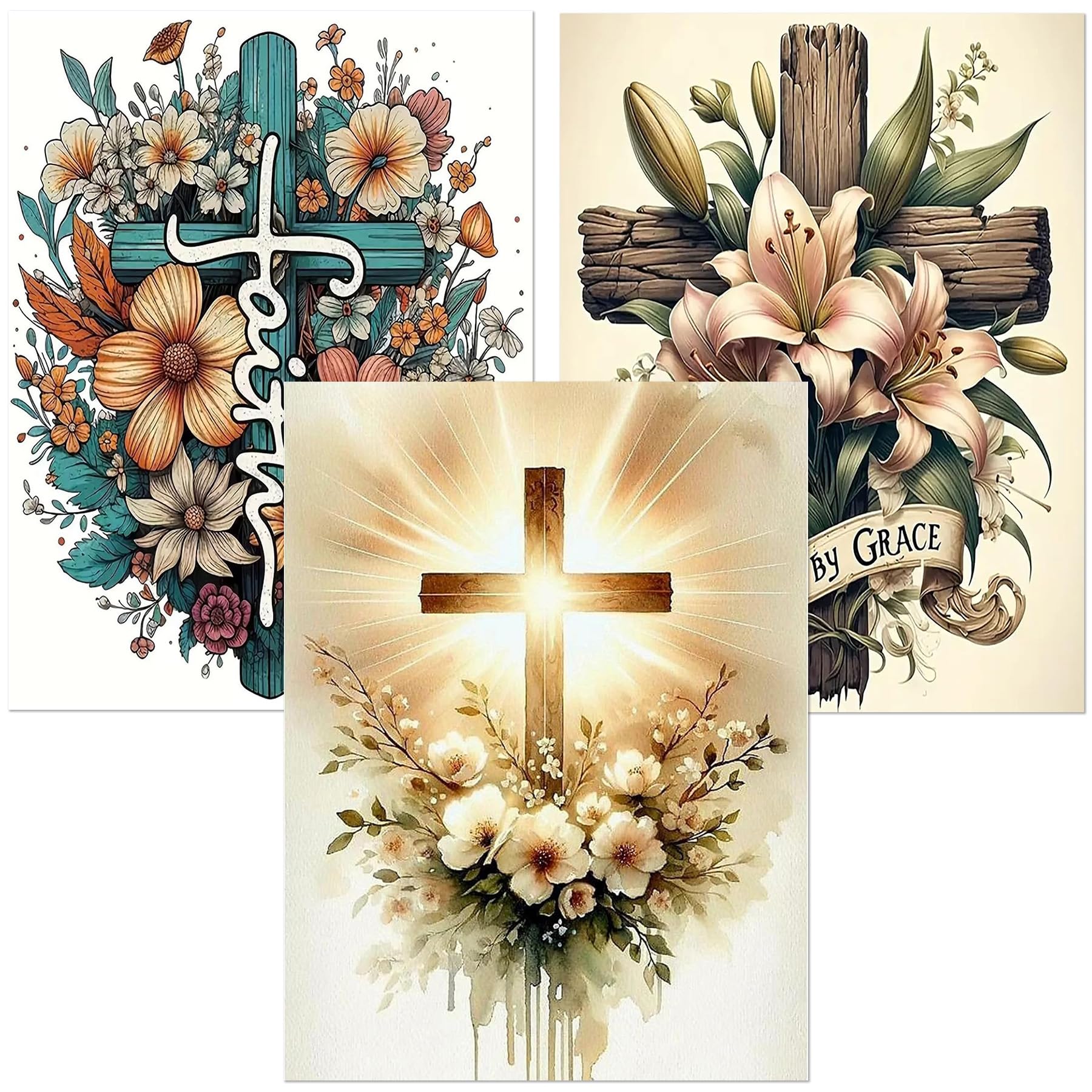 igoodom Diamond Art Kits for Adults, 3 Pack Cross Diamond Painting Kit, Full Drill Round Religious Diamond Art Kits, DIY Gem Art