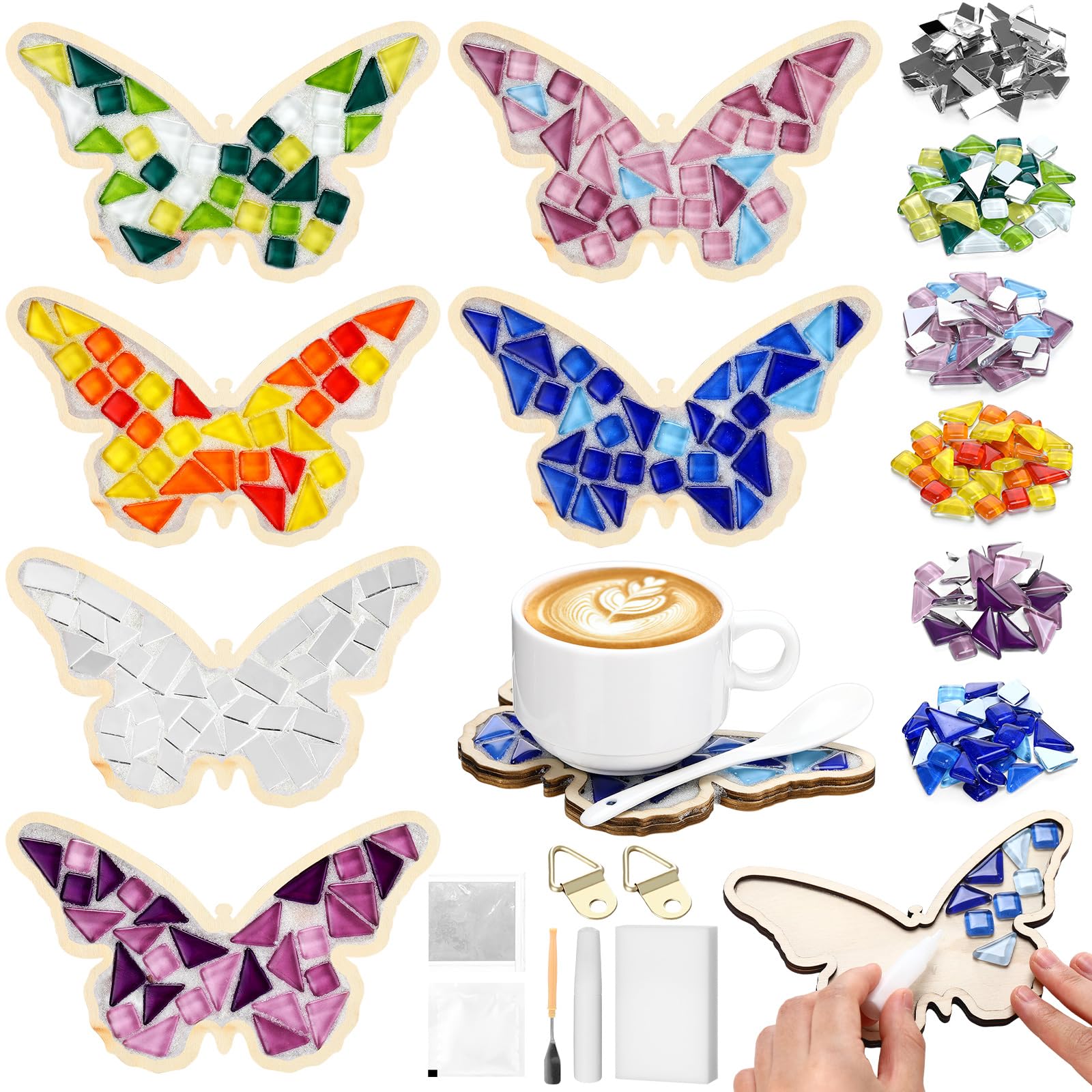 Honeydak 6 Sets DIY Glass Mosaic Tiles for Crafts with Butterfly Wooden Coasters for Adults Mixed Color Mosaic Crafts Materials 