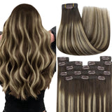 YoungSee Clip in Hair Extensions Real Human Hair Balayage Clip in Real Hair Extensions Chocolate Brown with Ash Blonde Balayage 