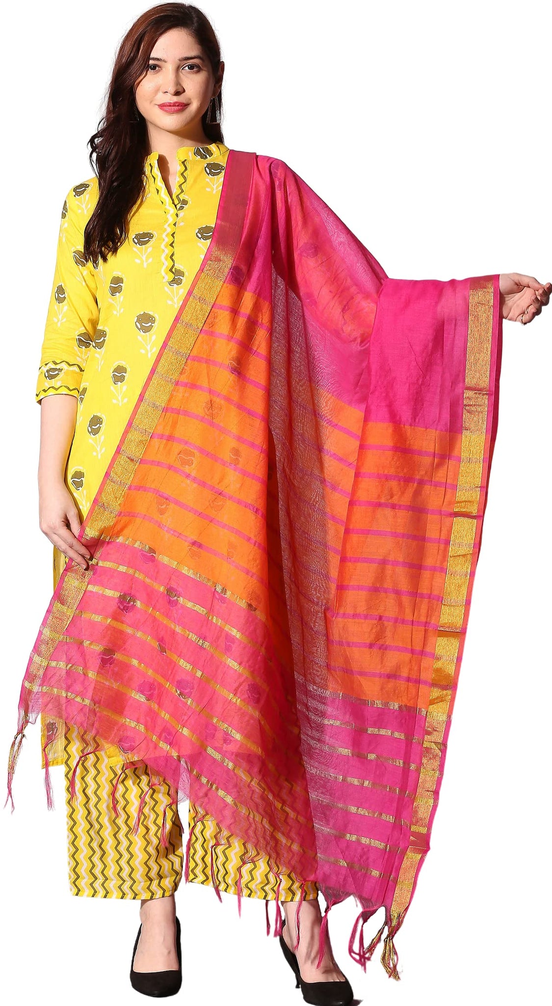 Anni Designer Women'S Pure Cotton Straight Kurta With Palazzo & Dupatta (Kpzd-Cot-10002-Yellow_M_Yellow_Medium),Yellow,M