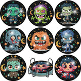 MBNTJHT 8 Pcs Halloween Diamond Art Coasters with Holder,DIY Cute Diamond Painting Coasters Kits with Cork Pads,5D Round Drill G