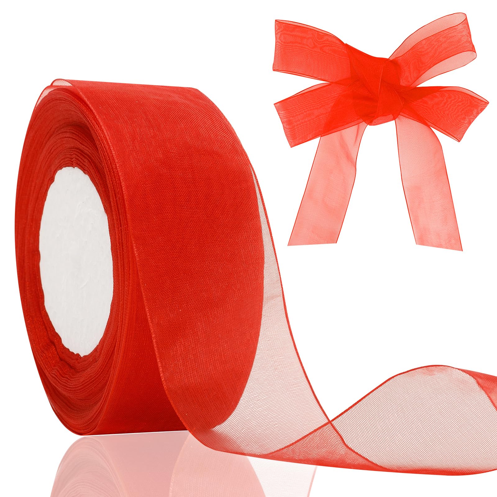 joycraft 1.5 in Red Organza Gift Wrap Ribbon - 50 Yds Sheer Wedding Party Ribbons, Organza Chiffon Ribbon for Birthday, Baby Sho
