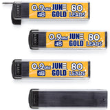June Gold 320 Pieces, 0.9 mm 4B Lead Refills, 80 Pieces Per Dispenser, Bold Thickness, Break Resistant Lead/Graphite, 1.0 mm Com