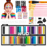 WUO Professional Face Painting Kit for Kids Adults, 12x10g Split Cake Palette with Stencils Sponge, Non-Toxic Water-Activated Ra