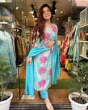 Gosriki Women'S Cotton Blend Embroidered Floral Printed Straight Kurta With Pant & Dupatta (Litup-Sky Blue-Nw-Gs_M_Sky Blue_Medium),Sky blue,,B0BT86RY3R