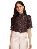 Wedani Women'S Casual Puff Sleeves Ruffled Collor Foral Top (Medium Black-4),Black-4,M