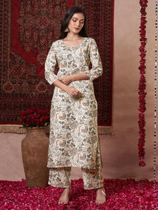 Anni Designer Women'S Rayon Viscose Straight Printed Kurta With Pant (Tirah Cream-Vks01_Xxl_Cream_Xx-Large),Cream,2XL,,,