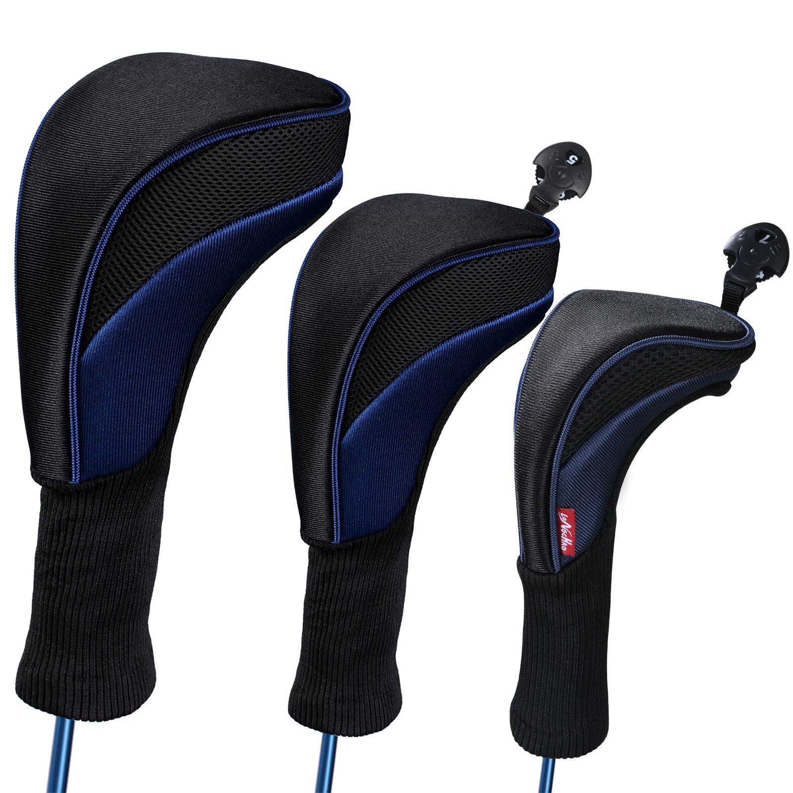 Black Golf Club Head Cover for Driver Fairway 3 Pcs Woods Headcovers, Golf Accessories Hybrid Head Covers Set with Interchangeab