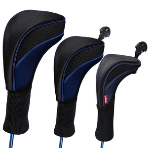 Black Golf Club Head Cover for Driver Fairway 3 Pcs Woods Headcovers, Golf Accessories Hybrid Head Covers Set with Interchangeab