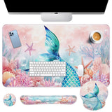 Britimes Pink Cute Deep Sea Mermaid Keyboard Mouse Pad Set 4in1 Large Mousepad+Keyboard Wrist Rest+Mouse Wrist Rest+Coaster Set 